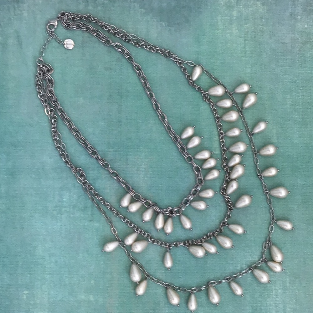 Triple Silver Strand of Pearls Necklace